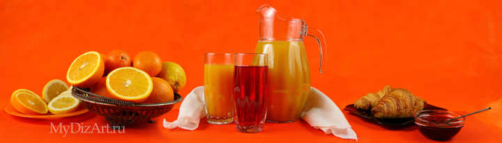 Апельсины, сок, круассаны, панорама натюрморта, фотопанорама, фотопанно, натюрморт