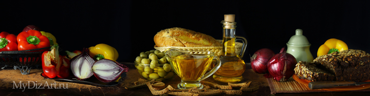 Оливки, оливковое масло, овощи, перец, лук, панорама натюрморта, фотопанорама, фотопанно, натюрморт