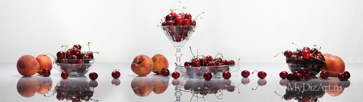 Черешня, персики фрукты, ягоды, панорама натюрморта, фотопанорама, фотопанно, белый фон