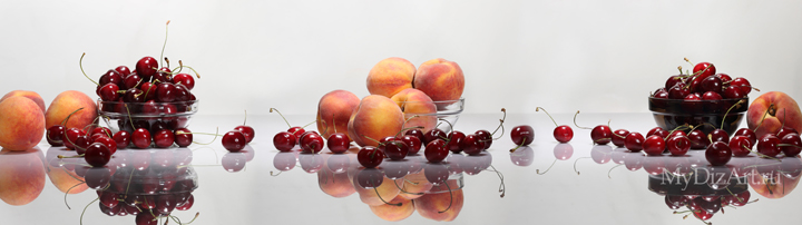 Черешня, персики фрукты, ягоды, белый фон, фотопанорама, фотопанно, натюрморт